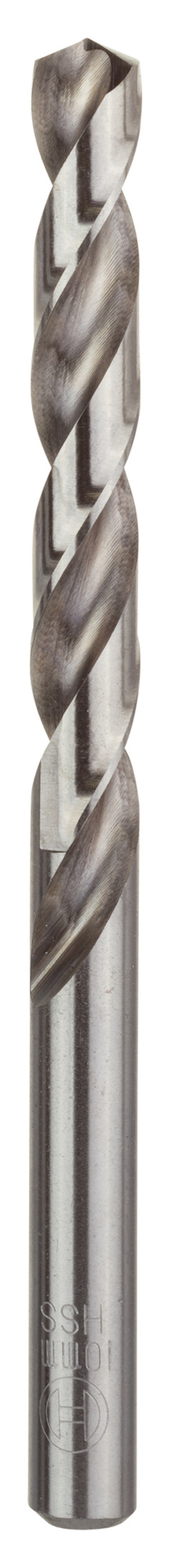 Metallborr med spiralformade skär och cylindrisk skaft, tillverkat i glansigt metallmaterial.