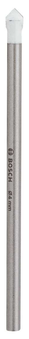 Borr med cylinderformad metalldel och spetsig, vit topp. Märket "Bosch" syns på sidan av borren.