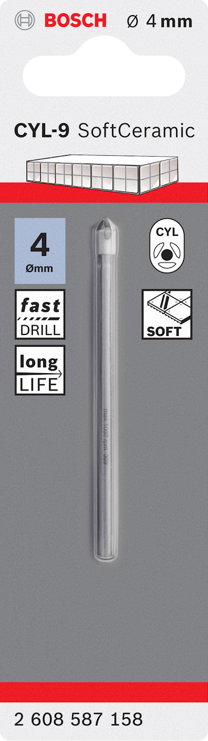 Borr från Bosch, CYL-9, SoftCeramic, Ø 4 mm, förpackad med text och logotyper.
