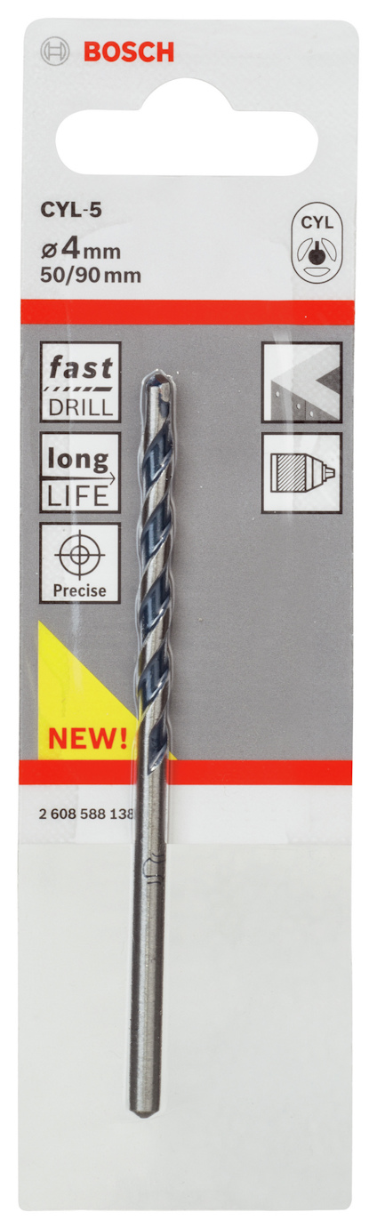 Förpackning med Bosch CYL-5 borr, 4mm, 50/90mm. Funktioner: "fast drill", "long life", "precise".