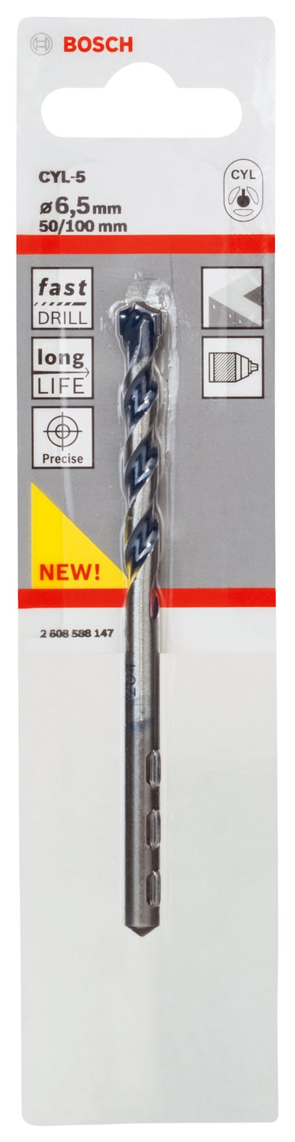 Förpackning med Bosch borr, CYL-5, 6,5 mm diameter, längd 100 mm. Text: "fast drill", "long life", "NEW".