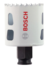 Cylindrisk vit hålsåg med tandad kant och inskärningar, röd text "BOSCH".