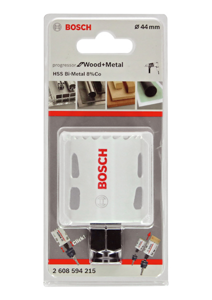 Förpackning med Bosch hålsåg, 44 mm, för trä och metall, artikelnummer 2 608 594 215.