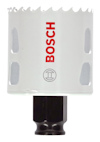 Cylindrisk vit hålsåg med tandad kant; röd Bosch-logotyp och svart fäste.