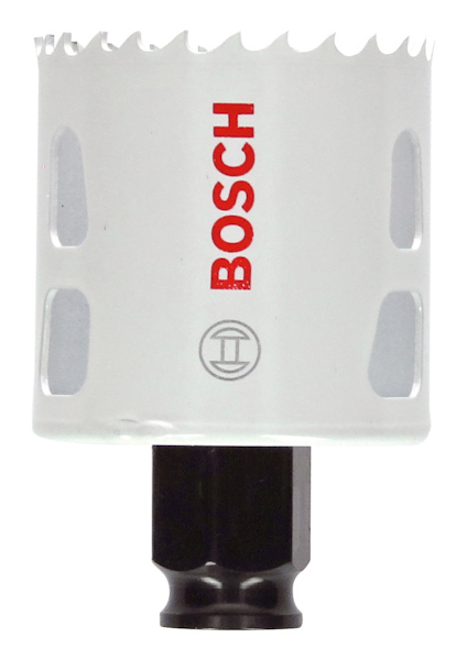 Cylindrisk vit hålsåg med tandad kant; röd Bosch-logotyp och svart fäste.