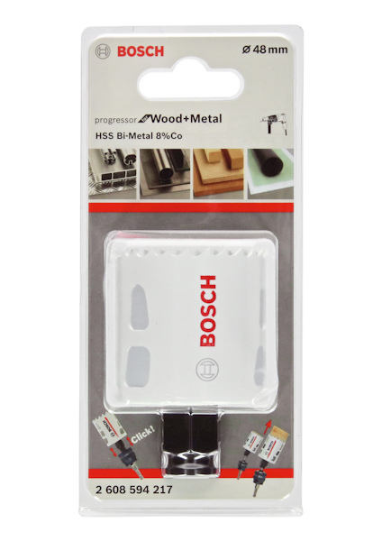 Förpackning med Bosch hålsåg för trä och metall, storlek 48 mm.