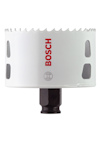 Hålsåg med vita och svarta detaljer och tandad kant, märkt med röd "BOSCH"-logotyp.