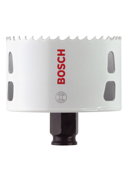 Hålsåg med vita och svarta detaljer och tandad kant, märkt med röd "BOSCH"-logotyp.