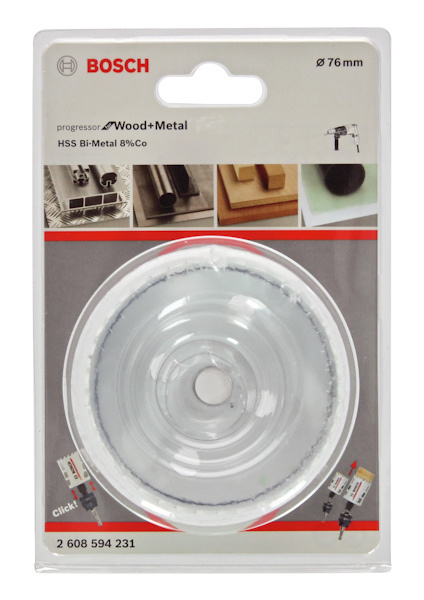 Hålsåg för trä och metall från Bosch, diameter 76 mm, förpackad med instruktioner och bilder av användning.