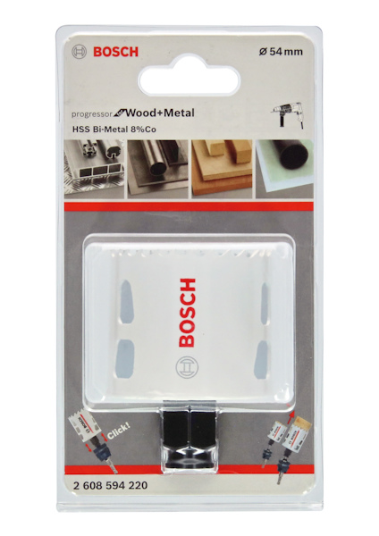 Förpackning med Bosch hålsåg progressor för trä och metall, Ø 54 mm, med HSS Bi-Metal 8% Co.