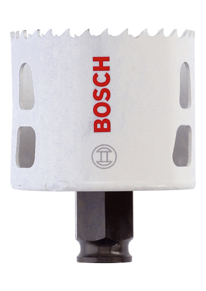 Hålsåg med tandad kant och ventilationshål, märkt med "BOSCH" i rött.