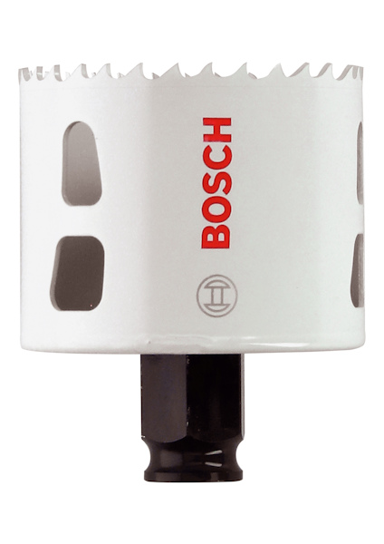 Hålsåg med vit kropp och svarta ventiler, tänder längs kanten. Märkt med "BOSCH" i rött. Svart fäste i botten.