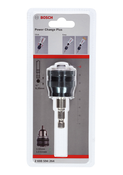Förpackning med Bosch Power Change Plus, klicksystem, inkluderar grafisk instruktion och produktdetaljer.