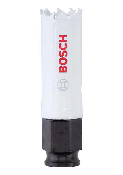 Cylindrisk hålsåg i vitt med svarta detaljer, märkt med "BOSCH" i röd text.