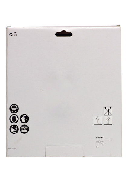 Vit förpackning med Bosch-logotyp och symboler för återvinning, skyddsglasögon, handskar, hörselskydd och korrekt användning.