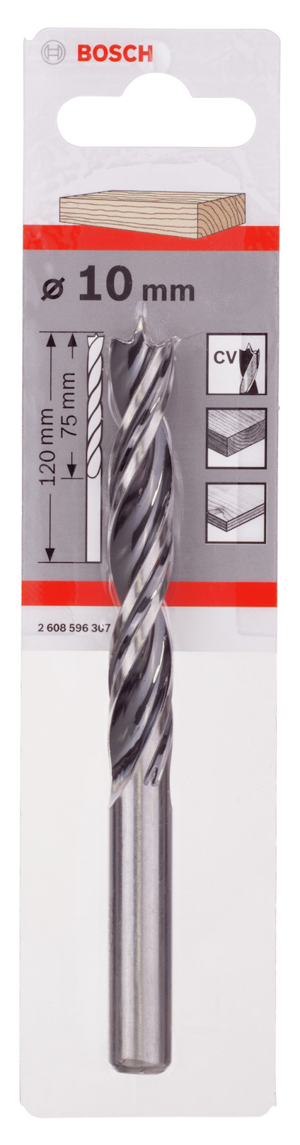 Förpackning med Bosch borr 10 mm, silverfärgad spiraldesign, för träbearbetning.