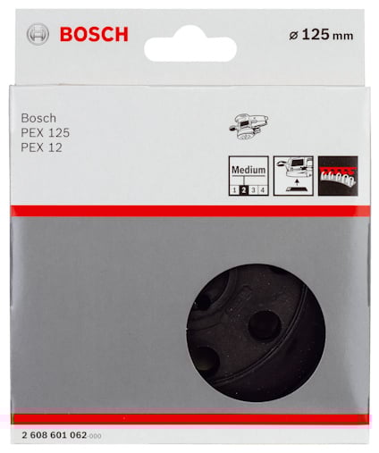 Förpackning med Bosch sliprondell för PEX 125, medium kornstorlek, 125 mm, svart.