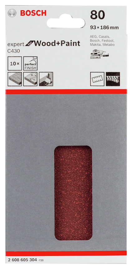 Förpackning med slipark från Bosch, expert Wood+Paint C430, 80 grit, 93 x 186 mm, 10 ark.