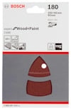 Förpackning av Bosch Expert Wood+Paint slipmedel 180, med två bågformade slipark.
