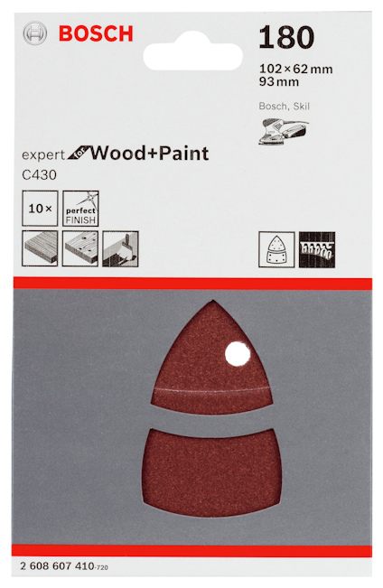 Förpackning av Bosch Expert Wood+Paint slipmedel 180, med två bågformade slipark.