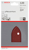 Förpackning med Bosch sandpapper för trä och färg, kornstorlek 120, 100x170 mm.