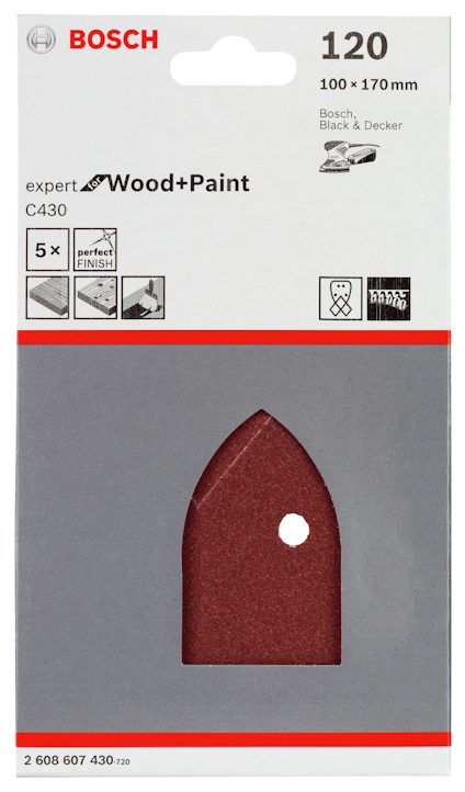 Förpackning med Bosch sandpapper för trä och färg, kornstorlek 120, 100x170 mm.