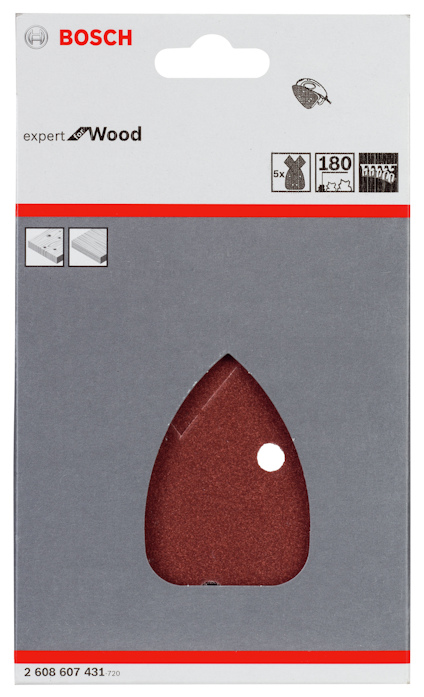 Förpackning med Bosch slipark, "Expert for Wood", 180 grit, fem pack.