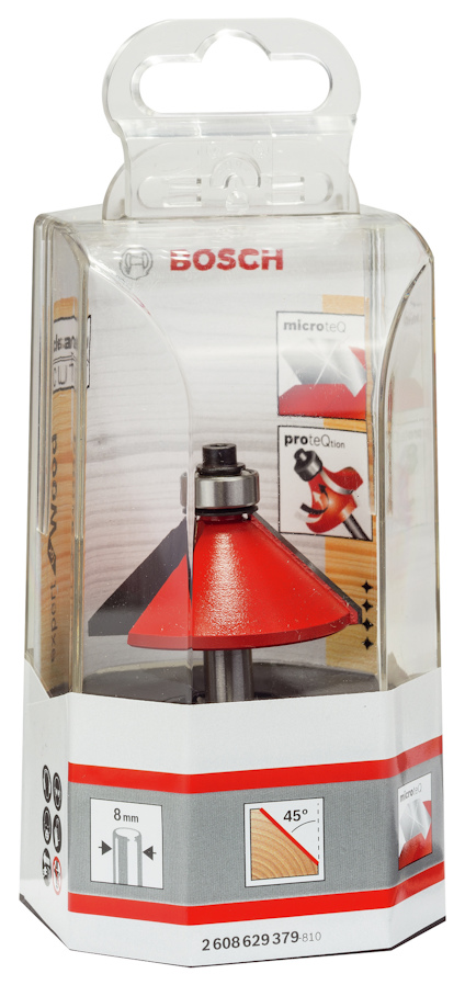 Förpackad röd och svart Bosch frässtål med 45° vinkel, 8 mm skaft.