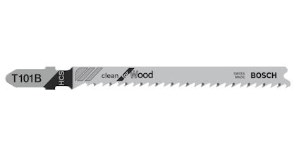 Sticksågblad med texten "T101B clean for Wood HCS" och "BOSCH Swiss Made".