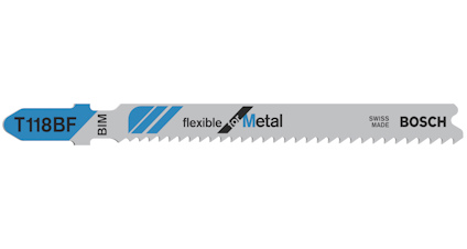Sticksågblad med texten "T118BF flexible for Metal" och "BOSCH SWISS MADE".