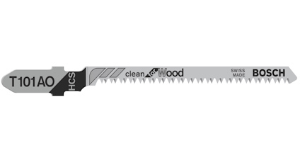 Sticksågblad i metall med texten "T101AO", "clean for Wood", "HCS", och "BOSCH SWISS MADE".