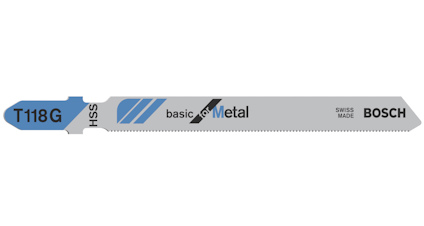 Sticksågblad, märkt "T118G", "basic for Metal", "HSS", "Swiss made", "Bosch".