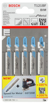 Förpackning av Bosch T121BF BIM sticksågblad för metall, 92 mm, 5-pack.