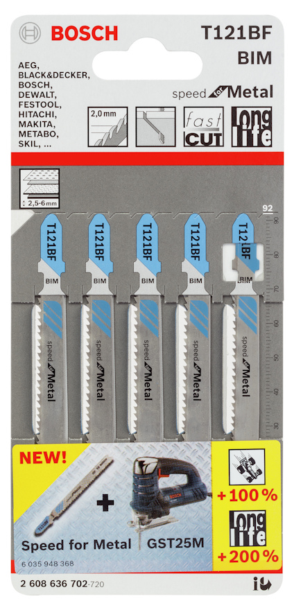 Förpackning av Bosch T121BF BIM sticksågblad för metall, 92 mm, 5-pack.