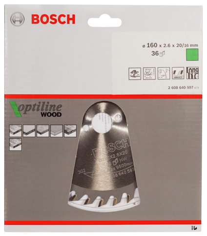 Förpackning med Bosch sågklinga, Optiline Wood, specifikationer: 160 x 2,6 x 20/16 mm, 36 tänder.