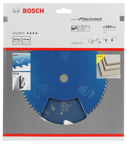 Blå Bosch cirkelsågklinga för fibercement, 160 mm, i förpackning med illustrationer och specifikationer.