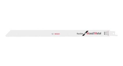 Vitt tigersågblad med texten "flexible Wood+Metal" och varumärket Bosch tryckt i rött.
