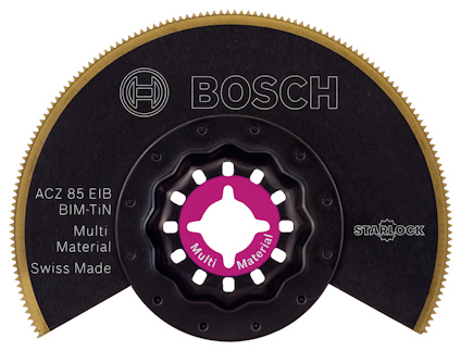 Runt sågbord i metall med guldtandade kanter. Märkt "BOSCH", "ACZ 85 EIB", "BIM-TiN", "Multi Material", "Swiss Made", "Starlock".