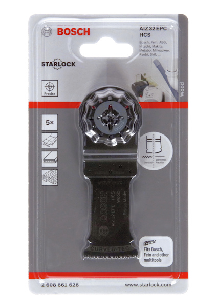 Förpackning med Bosch AiZ 32 EPC sågblad, Starlock, HCS, för olika multimaskiner.
