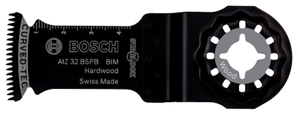 Svart sågblad med text "BOSCH AIZ 32 BSPB BIM Hardwood Swiss Made" och tandad kant.