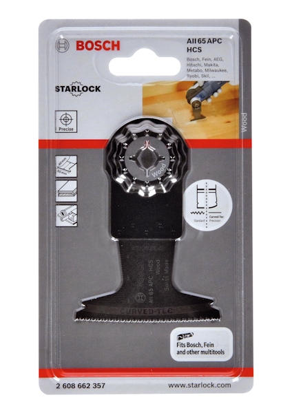 Förpackning med Bosch Starlock sågblad, modell AII 65 APC HCS, för Bosch, Fein och andra multiverktyg.