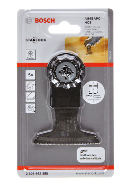 Förpackning av Bosch Starlock AII 65 APC sågblad för olika multiverktyg.