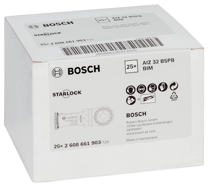 Vit förpackning från Bosch med etikett som visar 25 st Starlock AIZ 32 BSPB BIM.