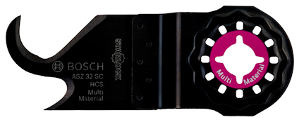 Knivblad med krokdesign och stjärnformigt hål, märkt "Bosch" och "Multi Material".