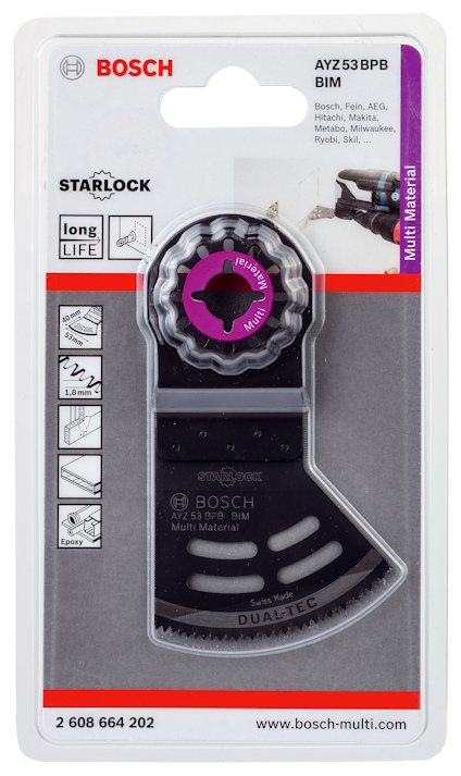 Förpackning med Bosch Starlock sågblad, modell AYZ53PB, för multitools.