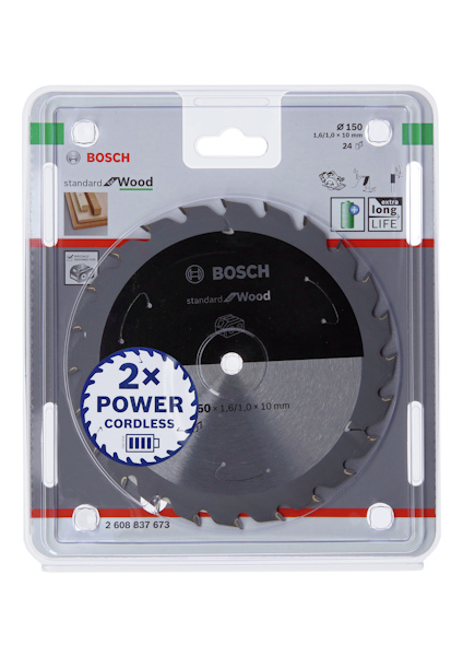 Förpackning med Bosch sågklinga, 150 mm diameter, 24 tänder, lämplig för trådlösa verktyg.
