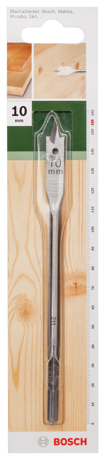 Förpackning med spadeborr från Bosch, 10 mm, med bild på trägolv i bakgrunden.