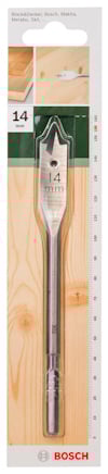Borr med plattspets för trä, storlek 14 mm, från Bosch, i förpackning med träbakgrund.