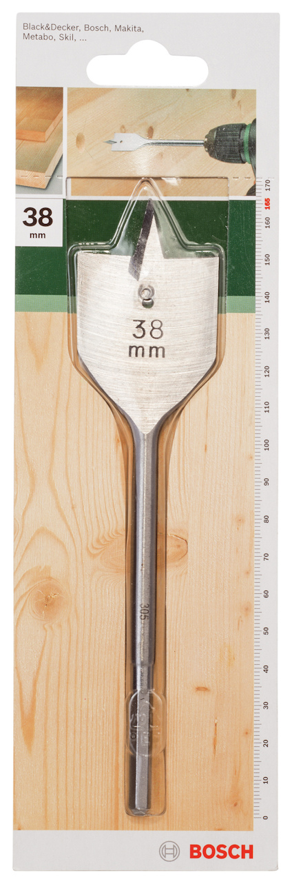 Förpackad plattborr från Bosch, 38 mm storlek, för träbearbetning.