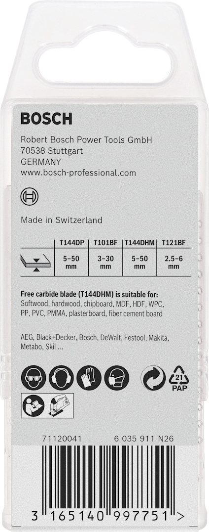 Förpackning av Bosch sticksågblad med specifikationer och streckkod.